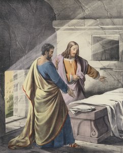 Peter og Johannes ved graven, "Han er opstanden" (farvet indgravering) af Siegfried Detler Bendixen