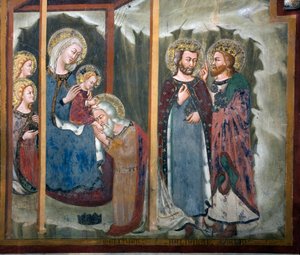 Tilbedelse af Magi Fresco fra School of Siena. 14. århundrede. Jomfruens kapel. Klosteret Saint Benedetto (Sacro Speco), Subiaco (Rom), Italien