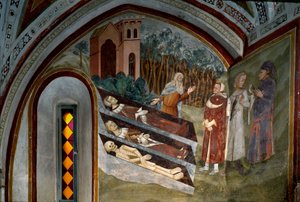 Møde mellem de døde og levende. Detalje af en freskomaleri fra Sienas skole. 14. århundrede. Klosteret Saint Benoit (Sacro Speco), Trappe, Subiaco (Rom), Italien