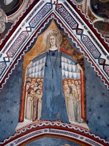 Repræsentation af Jomfru Maria Kirkens mor Fresko af Jomfrukapellet lavet af Siena-skolen i det 14. århundrede - Klosteret St. Benedetto (Sacro Speco), Subiaco (Rom), Italien