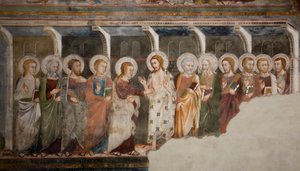 Apostelen Thomas Frescos vantro fra Sienas skole. 14. århundrede. Superior Kirke. Klosteret Saint Benedetto (Sacro Speco), Subiaco (Rom), Italien af Sienese School