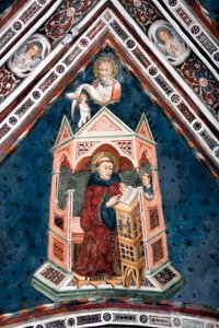 Visning af detaljerne i en fresco, der dekorerer en af hvælvingerne i den øvre kirke, der repræsenterer de fire læger i den romerske kirke: St. Gregoire I den Store og evangelisten Saint Mathieu af Sienese School