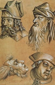 Studier af fire hoveder til en passionsserie (pen og blæk, vask og bodycolour på papir) af Sigmund Holbein