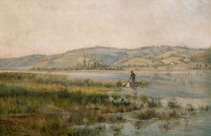 Padlende mand på sø (maleri) af Sigrid Bolling