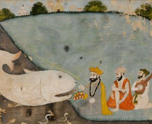 Guru Nanak med Bala, Mardana og den store fisk (Vishnu i Matsyavatara) af Sikh School