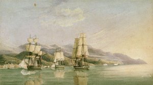 Angreb på konvoj af 18 franske handelsskibe ved Laigrelia og Alassio, 27. juni 1812, begyndelsen af det 19. århundrede (pen, blæk, grafit, akvarel) af Silas Thomson (attr.to) Hood