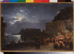 Santa Lucia-kajen i Napoli (Italien), på en fuldmånenat. Maleri af Sylvester Feodosiyevich Shchedrin (Sylvester Shchedrin) (1791-1830), olie på lærred