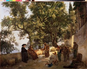 En terrasse på kysten, nær Sorrento (Sorrento, Italien) (Kapuchinermunke i samtale og en mand læsser sit æsel med små tønder) - En terrasse på en kyst, Cappuccini nær Sorrento - Maleri af Sylvester Feodosiyevich Shchedrin (Sylv af Silvestr Fedosievich Shchedrin