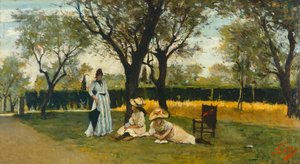 At villa of Poggio Piano, af Silvestro Lega (1826-1895), olie på panel, 34x60,5 cm