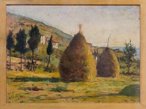 Haystacks in the Sun, ca. 1890 (olie om bord) af Silvestro Lega