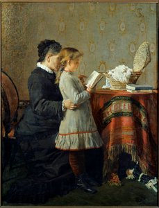 Læselektion. En sygeplejerske lærer at læse en lille pige. Maleri af Silvestro Lega (1826-1895) Ec. Ital