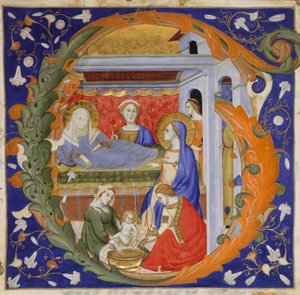 Manuskriptbelysning med Jomfruens fødsel i et indledende G, fra en Gradual, ca. 1375. af Silvestro dei Gherarducci