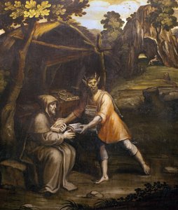 Djævelen tager de hellige bøger og erstatter dem med verdslige bøger; Maleri af Simao Rodrigues (1560-1629); (Djævelen tager de hellige bøger og erstatter dem med verdslige bøger; maleri af Simao Rodrigues af Simao Rodrigues