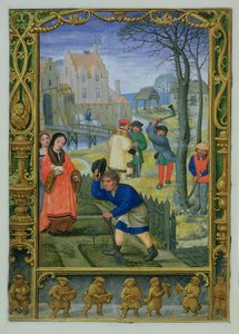 Tilføj 24098 f.20v marts: Havearbejde og fældning af træer, fra en timebog eller golfbogen, ca. 1520-30 (vellum)