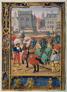 Tilføj 24098 f.23v juni: Dyst og leg med hobbyheste, fra en timebog eller golfbogen, ca. 1520-30 (vellum)