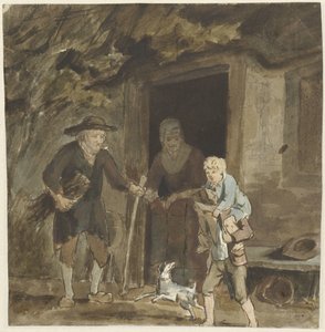 Landmandsfamilie ved døren til deres hjem