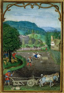 Tilføj 18855 oktober: pløjning og såning, fra en timebog, ca. 1540