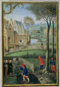 Tilføj 18855 f.108 marts: fældning af træer, fra en timebog, c.1540 (vellum) af Simon Bening