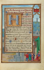 Rand mit einem gefangenen Propheten vor einem Fürsten oder König af Simon Bening