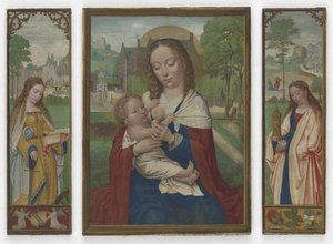 Jomfru og Barn; De hellige Catherine og Barbara, ca. 1520 (tempera på vellum) af Simon Bening