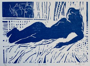 Blå nøgen, 2007 (træsnit) af Simon Fletcher