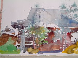 Kyoto-templet (akvarel på papir) af Simon Fletcher