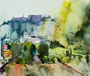 Salzburg fra Mirabell-haven, 2008 (akvarel) af Simon Fletcher