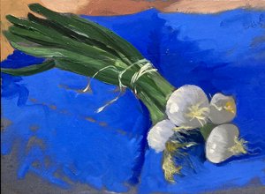 Scallions (olie på plade) af Simon Fletcher