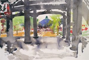 Tempelindgang, Amanohashidate (akvarel på papir) af Simon Fletcher