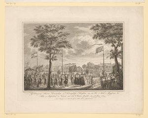 Farvel til Willem V og hans kone på Buiten Amstel, 1768 Farvel til deres fredfyldte og kongelige højheder van den Ed: Achtb: Magistrat i byen Amsteldam, og den Buiten Amstels afgang, den 4. juni 1768 (titel på objekt) Billede af Simon Fokke
