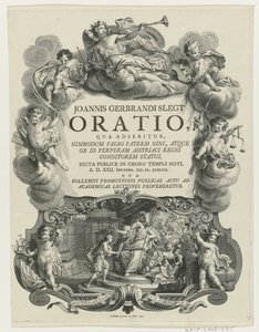 Minerva lauwert en ung mand med bul Titelside for: J.G. Slegt, Oration, hvori det hævdes, at Nimrod falsk er far til Nina (...), 1747 af Simon Fokke