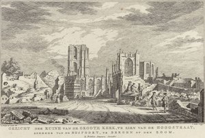 Ruin af den store kirke i Bergen op Zoom, 1748 Udsigt over ruinerne af Groote Kerk, set fra Hoogstraat, der kommer fra Bospoort, i Bergen op den Zoom (titel på objekt) Ti ansigter af ruinerne efter belejringen og ødelæggelsen af ​​Bergen op Z
