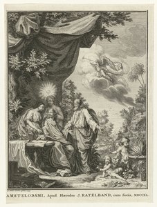 Forfatter omgivet af allegoriske figurer af Simon Fokke