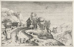 Landsby i et bjerglandskab Forskellige landskaber (serietitel) Topographia variarum regionum (serietitel) af Simon Frisius (attributed to)