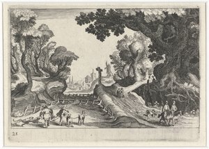 Skovlandskab med et kryds langs en sti Sydeuropæiske landskaber (serietitel) Topographia variarum regionum (serietitel) af Simon Frisius