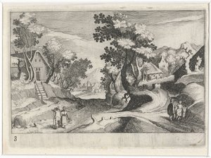 Skovklædt bakkelandskab med bygninger og figurer Sydeuropæiske landskaber (serietitel) Topographia variarum regionum (serietitel) af Simon Frisius