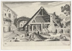 Udsigt over landsbyen med den hellige familie Sydeuropæiske landskaber (serietitel) Topographia variarum regionum (serietitel) af Simon Frisius