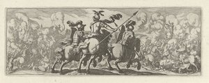 Tre cavaleristen bij een veldslag med olifanten Cavalry (serietitel) Faecvnda hvad er den elskede af Phaebus og den taknemmelige Florentia til mænd af ivrig geni, nok er vist af pvgnas, enthea ved kraften af ​​de bryster, som Mercury udskårne den garvede k af Simon Frisius