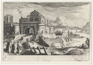Emmäus-folk foran en byport i et bjerglandskab Sydeuropæiske landskaber (serietitel) Topographia variarum regionum (serietitel) af Simon Frisius