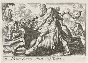Hercules i kamp med Achelous Den store tyr tæmmes af lys (titel på objekt) Herculische temaer (serietitel) af Simon Frisius