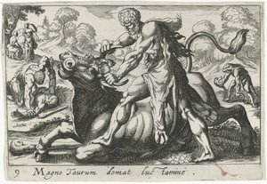 Hercules i kamp med Achelous Han tæmmer en stor tyr ved at bryde (titel på objekt) Herculische temaer (serietitel) af Simon Frisius