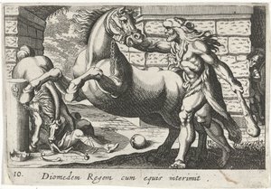 Hercules temt de paarden van Diomedes Kong Diomedes med heste (titel på objekt) Herculische temaer (serietitel) af Simon Frisius