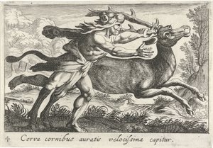 Hercules vangt de Hind van Cerynea En hjort med gyldne horn fanges meget hurtigt (titel på objekt) Herculische temaer (serietitel) af Simon Frisius