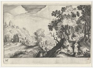 Bakket landskab med den barmhjertige samaritaner Sydeuropæiske landskaber (serietitel) Topographia variarum regionum (serietitel) af Simon Frisius