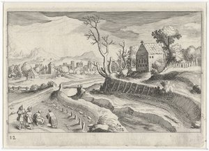 Bakket landskab med et kapel Sydeuropæiske landskaber (serietitel) Topographia variarum regionum (serietitel) af Simon Frisius