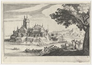 Bakket landskab med et slot på en ø Sydeuropæiske landskaber (serietitel) Topographia variarum regionum (serietitel) af Simon Frisius