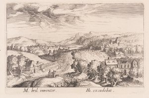 Bakket landskab med tre par, fra Topographia Variarum Regionum af Simon Frisius