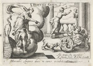 Jonge Hercules wurgt twee slangen Hercules dræber to slanger i deres vugger (titel på objekt) Herculische temaer (serietitel) Hercules (serietitel på objekt) af Simon Frisius