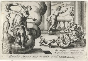 Jonge Hercules wurgt twee slangen Hercules dræber to slanger i deres vugger (titel på objekt) Herculische temaer (serietitel) af Simon Frisius