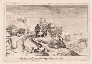 Landskab med en sti op ad et bjerg gennem en landsby, fra Topographia Variarum Regionum af Simon Frisius